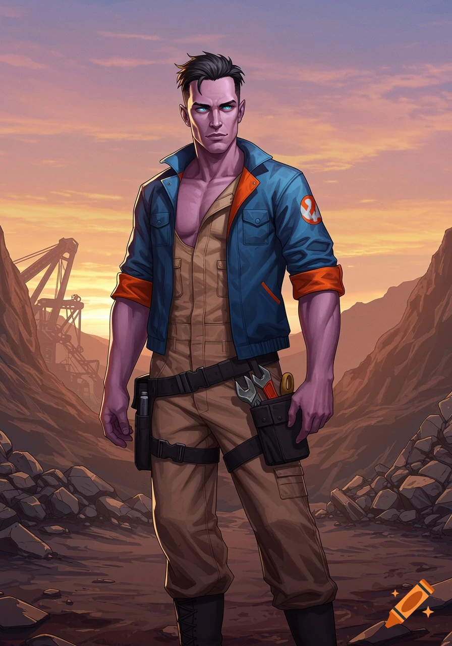 A purple-skinned muscular male character in blue jacket and coveralls stands in a rocky, mining-like landscape at sunset, in a comic book art style.
