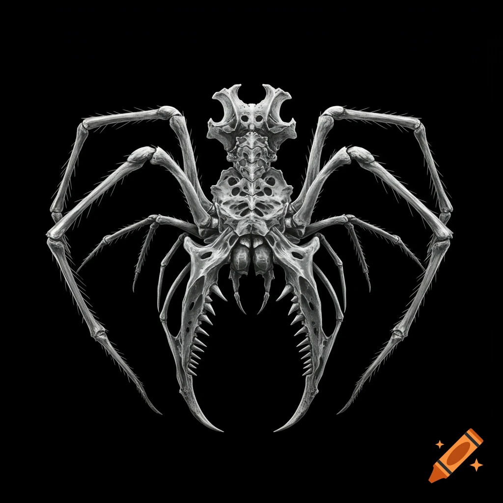 Highly detailed skeletal spider with intricate bone structures against a black background.