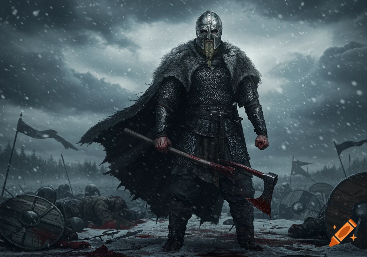 A grim Viking warrior stands in a snowy battlefield, gripping a bloodied axe amidst fallen foes.
