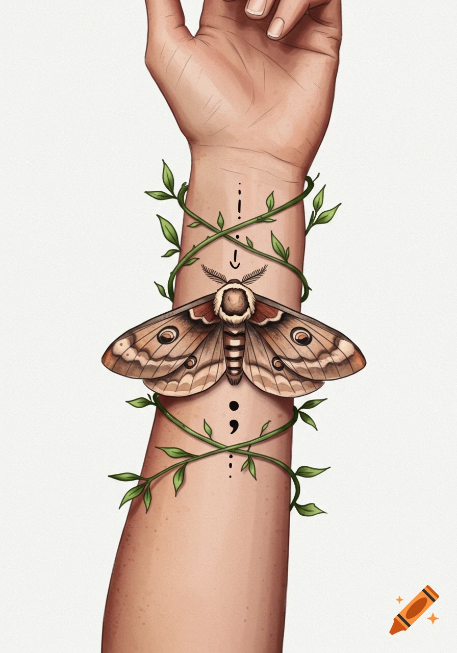 Illustrated tattoo on an arm featuring a moth, green vines, and a semicolon symbol, on a light background.