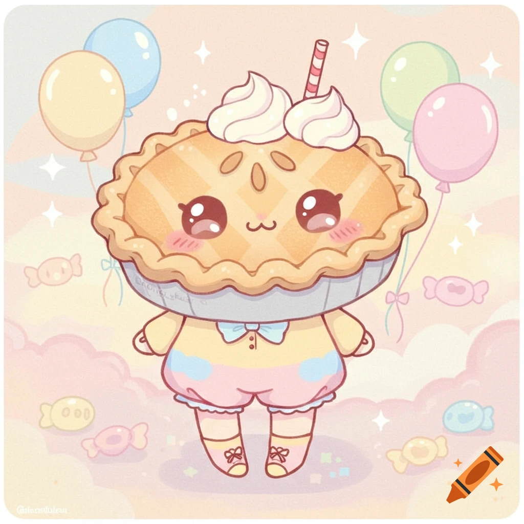 A cute kawaii cartoon character with a pie for a face, topped with whipped cream and a straw, surrounded by pastel balloons and candy.