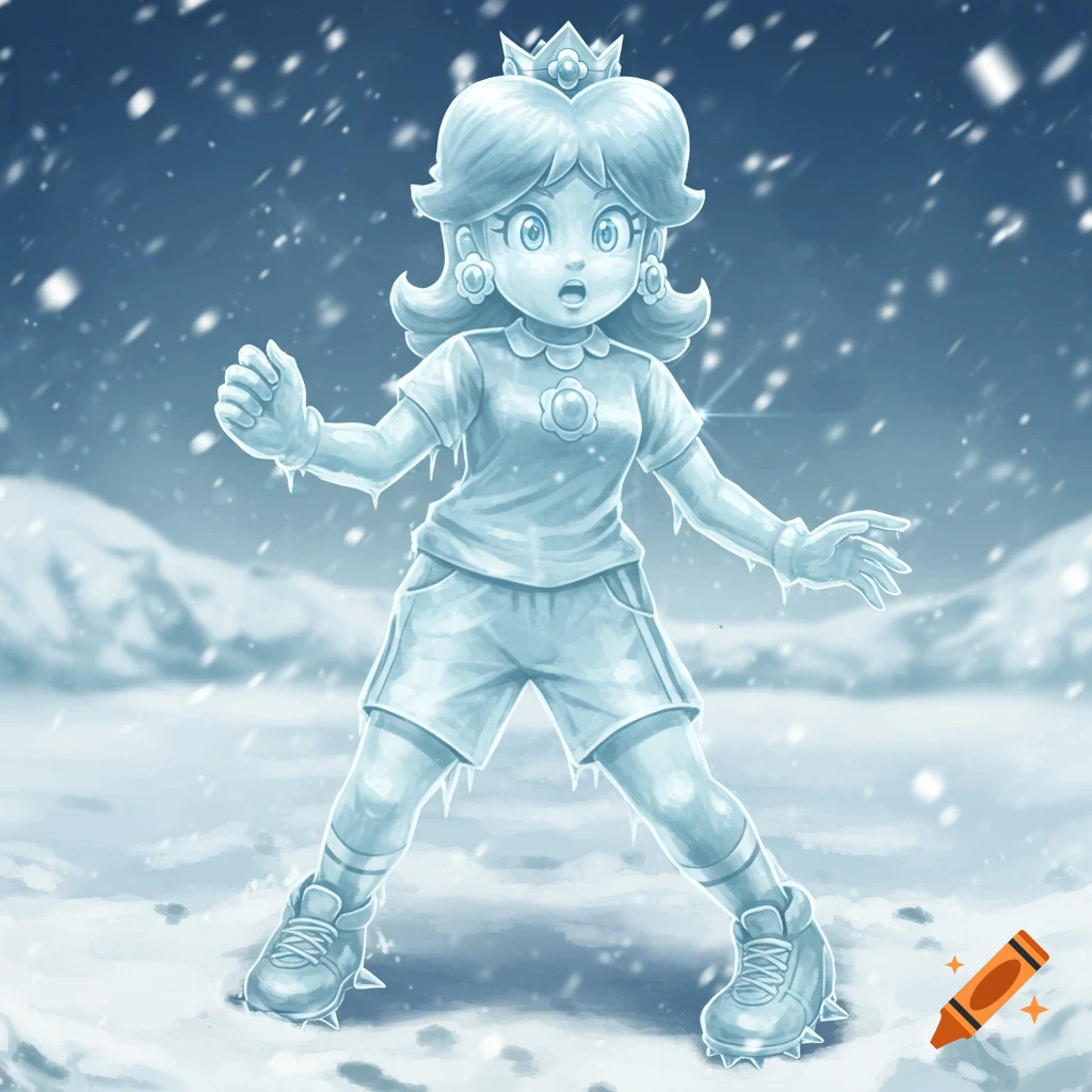 Princess Daisy from Mario frozen as an ice statue, wearing her Strikers outfit, with a surprised expression in a snowy landscape.
