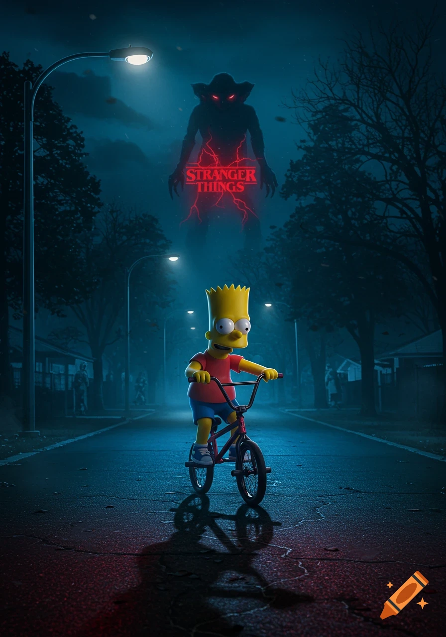 Bart Simpson rides a bicycle down a dark street under streetlights, with a shadowy monster and 'STRANGER THINGS' logo in the ominous sky.
