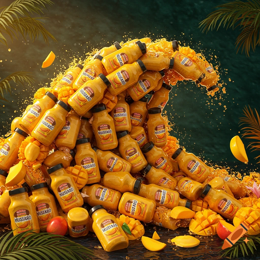 A wave made of mango-flavored mustard bottles and mango slices, with golden splashes and palm leaves in a dark tropical setting.
