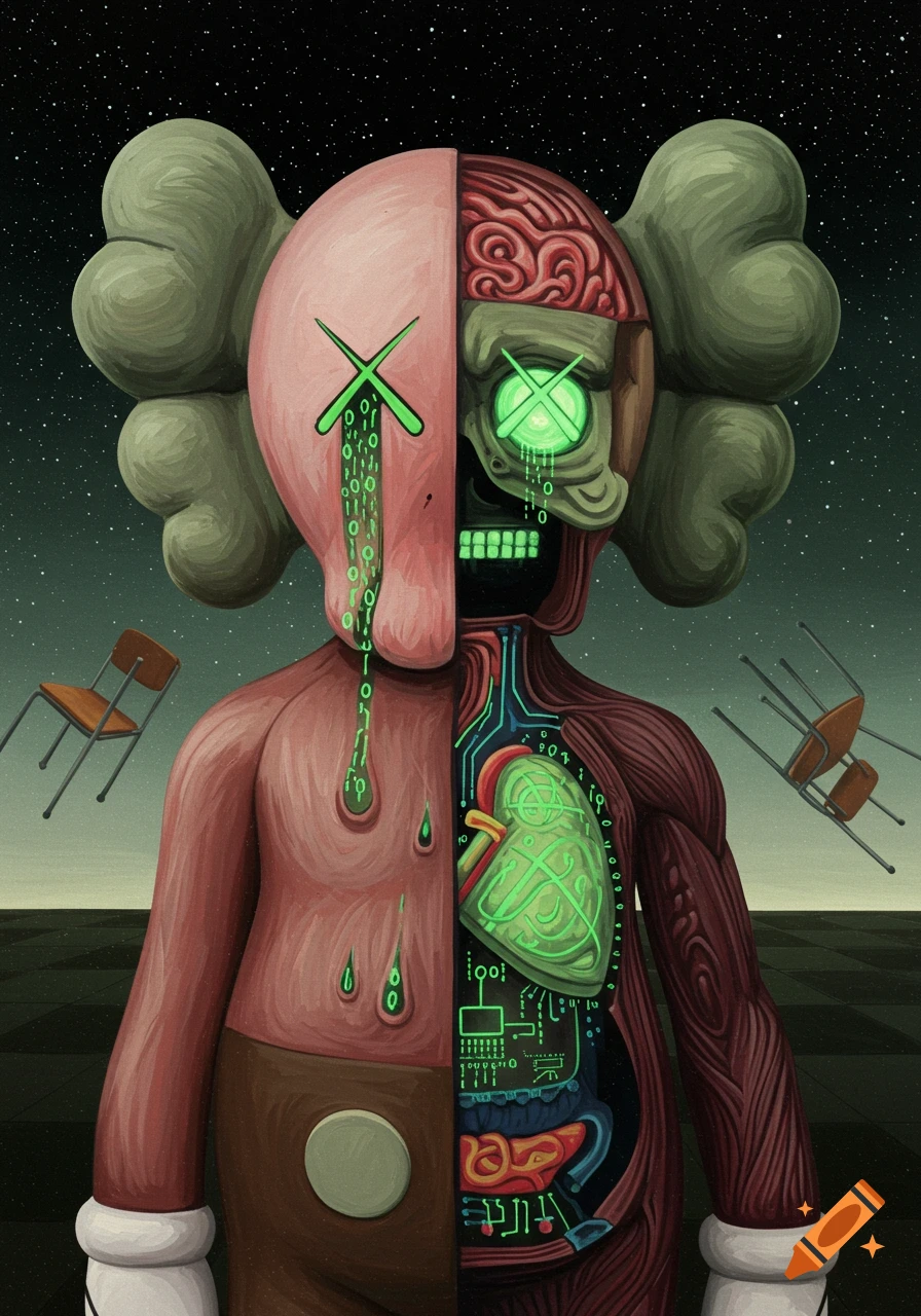 A surreal KAWS-style figure split down the middle, one side flesh with an X-eye, the other a green glowing skull with circuitry and binary code tears, against a starry sky with floating chairs.