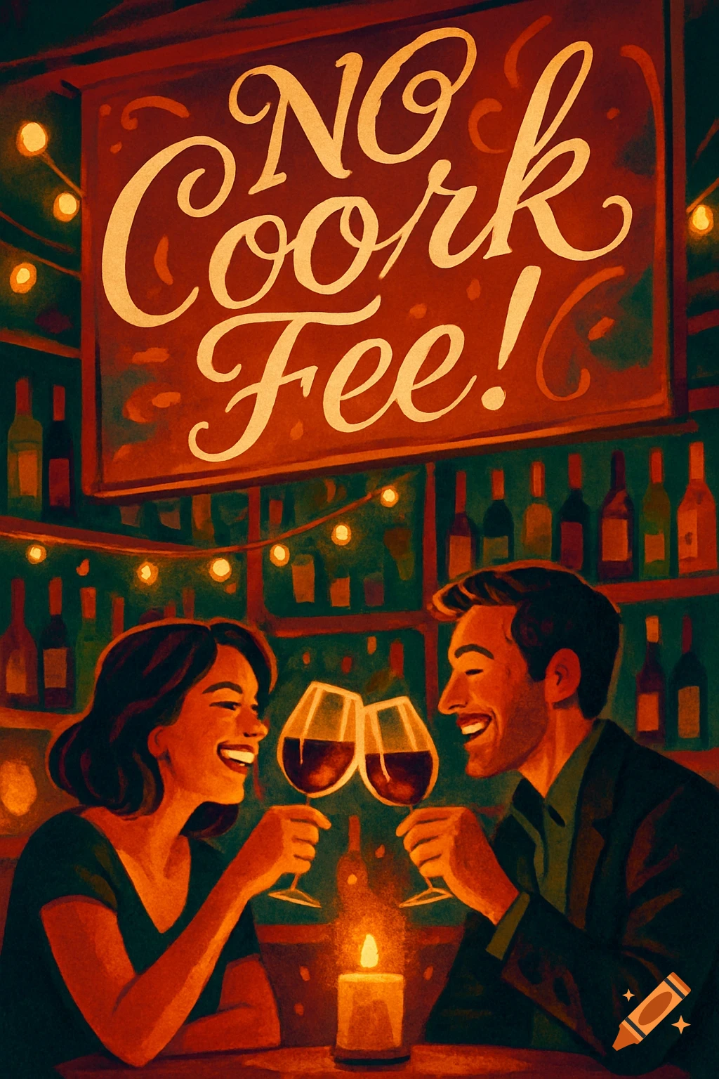 A smiling couple clinking wine glasses at a candlelit table in a warmly lit bar, with a sign above reading 'No Cork Fee!' in a painterly style.