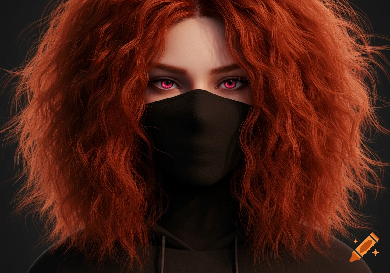 Close-up portrait of a redheaded woman with messy hair, pink eyes, and a black face mask.