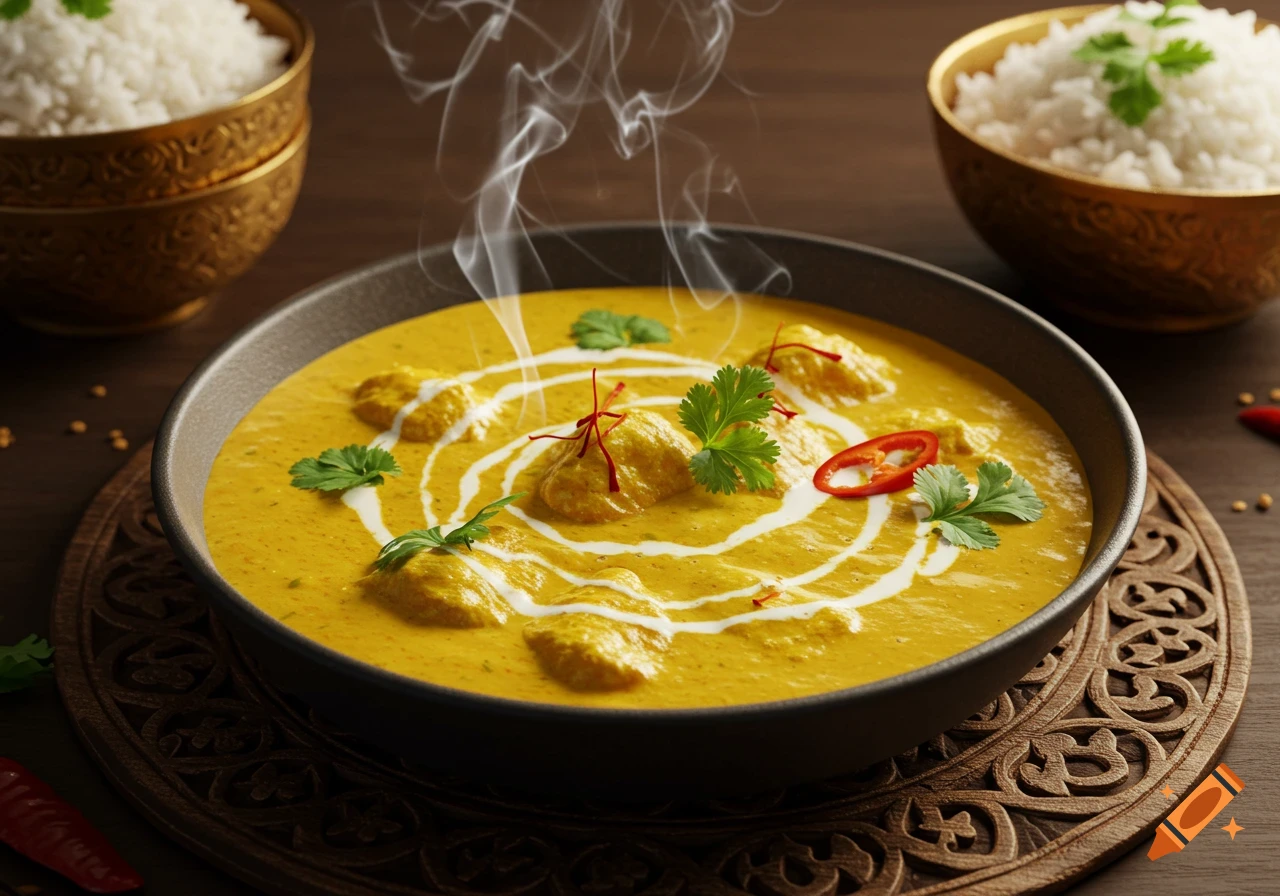 A close-up, photorealistic image of a steaming bowl of yellow curry, garnished with cilantro, red chili slices, and saffron threads, with two bowls of white rice in the background.
