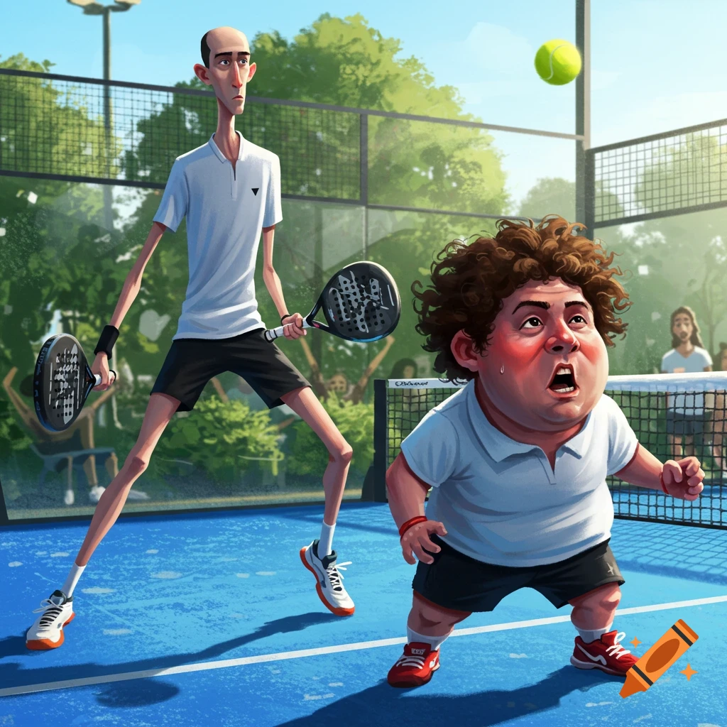 A stylized illustration of two men playing padel. One man is tall and very skinny, the other is short, fat, and out of breath.