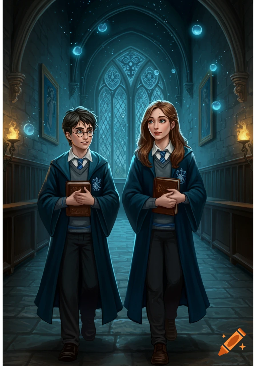 Illustrated fantasy art of Harry Potter and his twin sister in blue robes walking a magical, stone hallway with floating blue orbs.