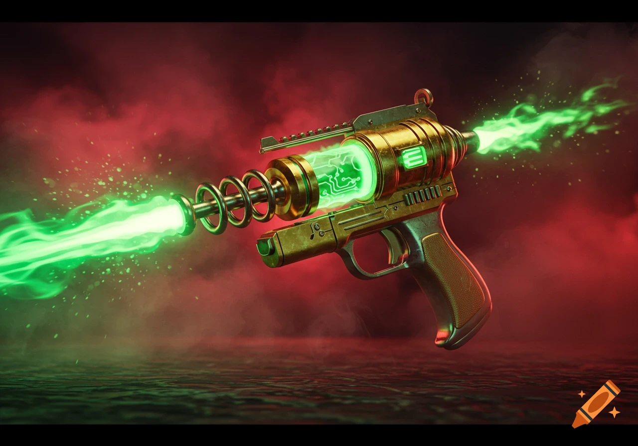 A gold and green ray gun emits bright green energy beams from its barrel and rear, against a smoky red backdrop.