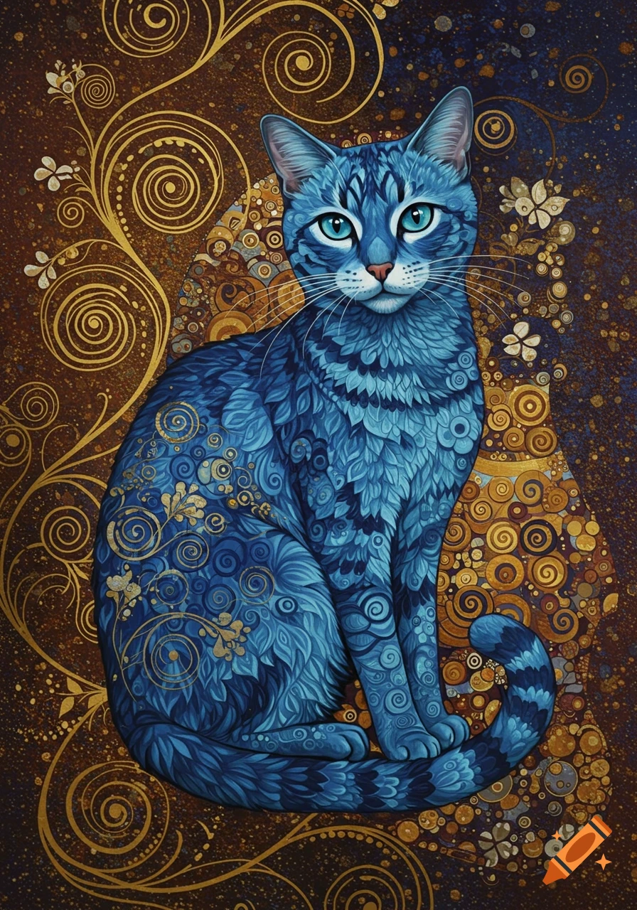 A stylized blue cat with intricate gold patterns sits against a brown and gold ornate background, in the style of Gustav Klimt.