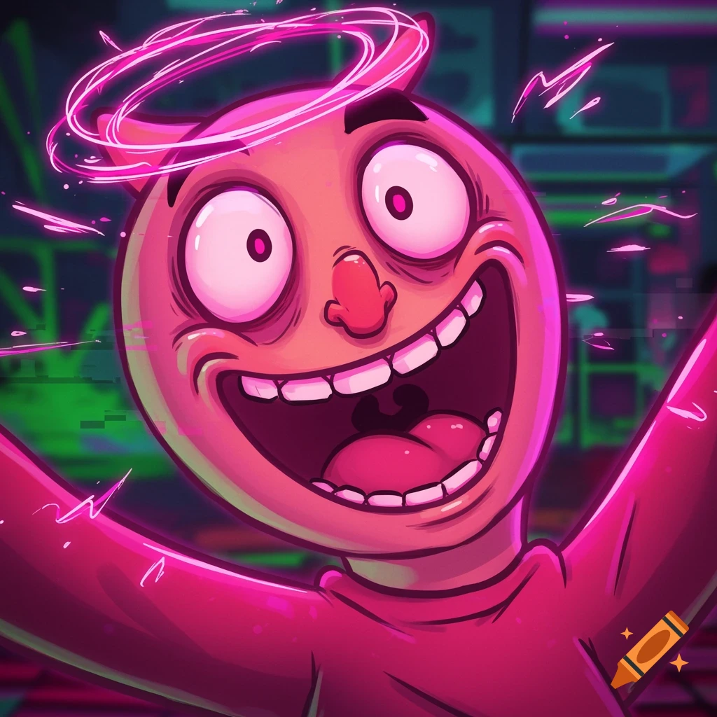 Close-up of a pink-skinned cartoon character with wide eyes, open mouth, and a glowing pink halo, on a dark background with neon lights.