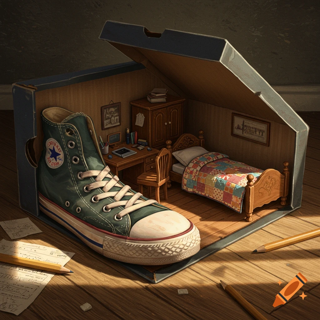 A miniature bedroom with a bed, desk, and chair inside a green Converse shoebox on a wooden floor, with pencils nearby.