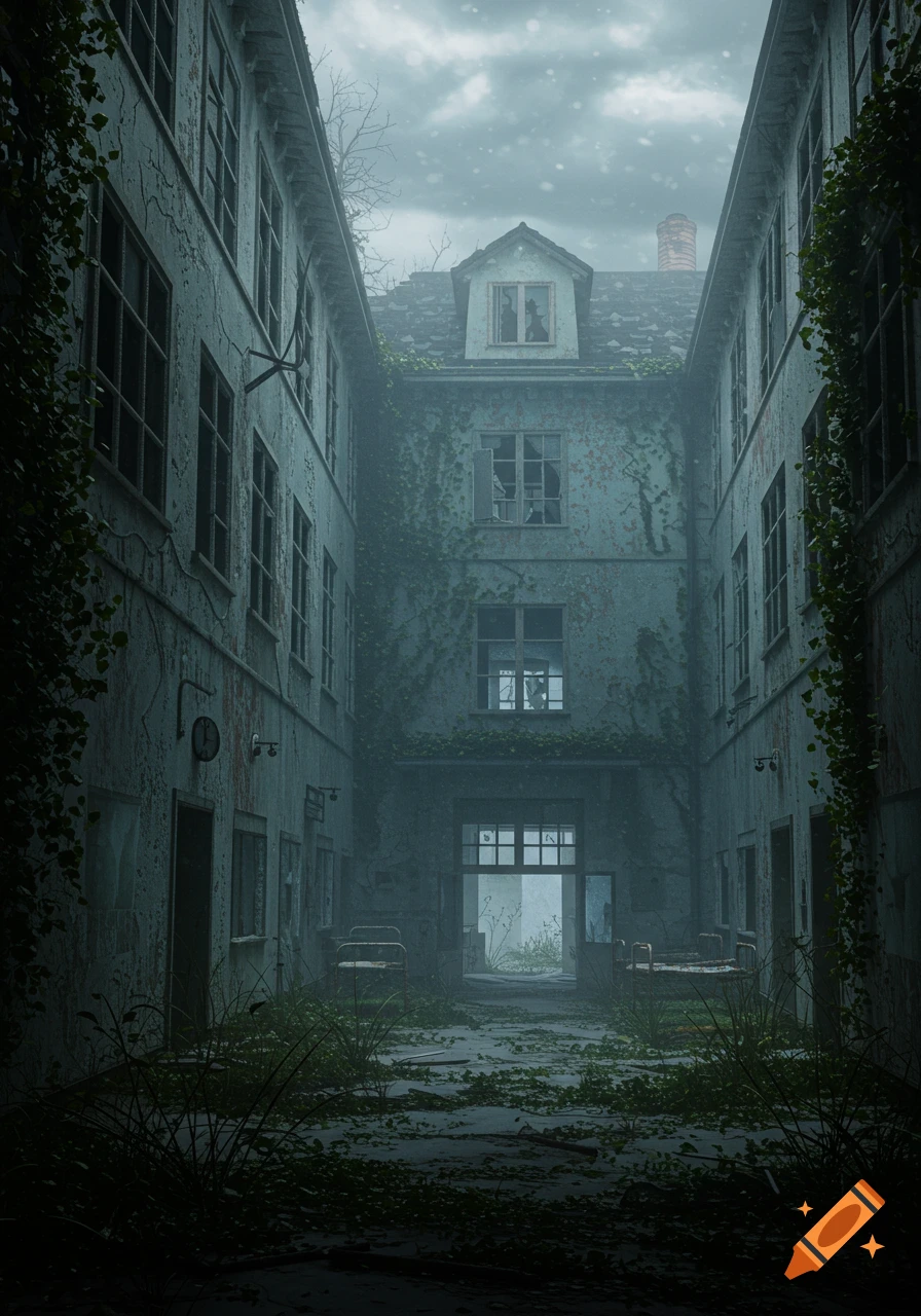A gloomy, abandoned asylum courtyard at dusk, with ivy crawling up the decaying walls of two buildings facing each other, and tall grass growing through cracks in the pavement.