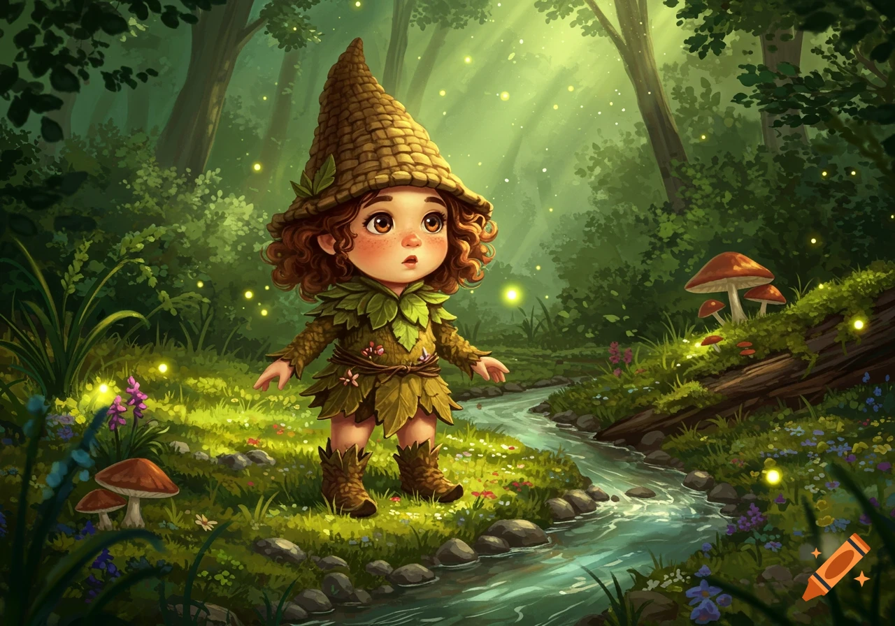 A cute, stylized little gnome with a leafy outfit and a pointed hat stands in a magical forest with glowing fireflies and a stream.