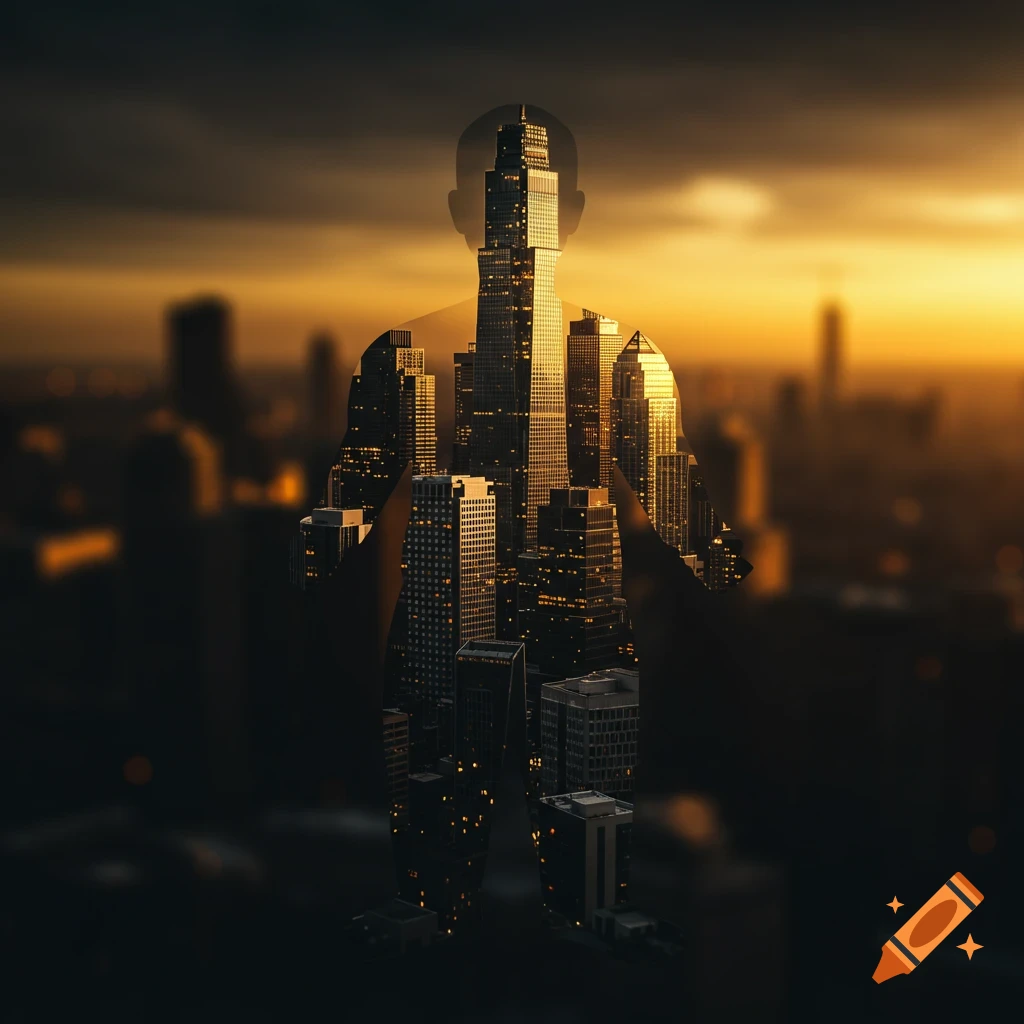 A human silhouette composed of a detailed cityscape with illuminated buildings, set against a blurry, warm-toned sunset sky.