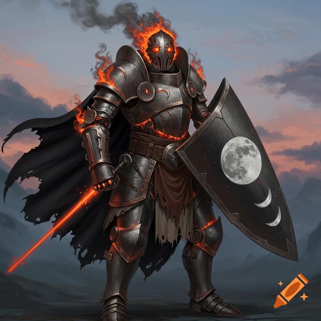 A dark armored robot knight with glowing red eyes, smoldering armor, and a billowing cape holds a laser and a shield featuring a moon, against a twilight sky.