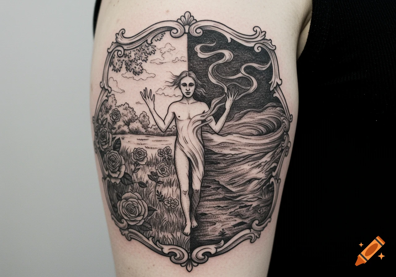 A black and white illustrative tattoo on an arm, showing a figure split between a serene rose garden and a chaotic, stormy landscape within an ornate frame.