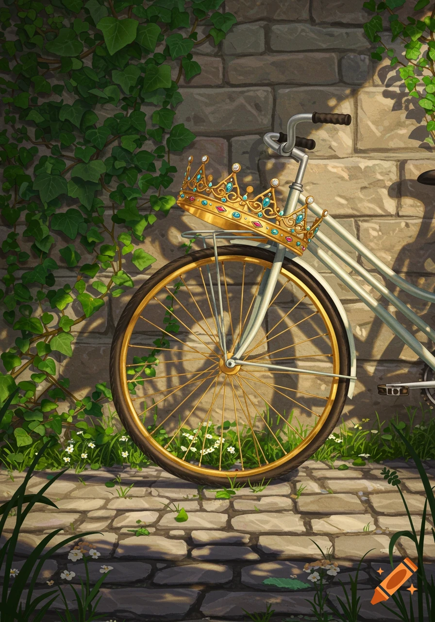 A golden crown with jewels sits on the front rack of a bicycle parked against an ivy-covered stone wall. Sunlight casts shadows on the cobblestones and plants below.