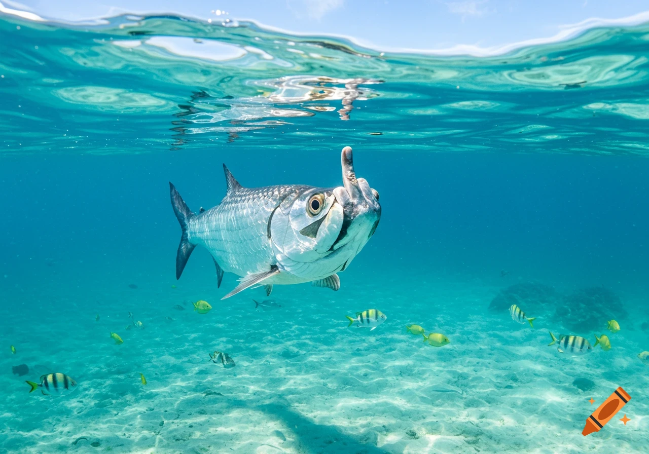 A large photorealistic tarpon fish swims underwater, humorously extending a middle finger. Clear blue ocean with sandy bottom and small fish.
