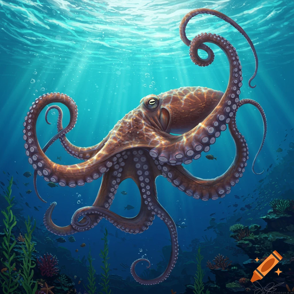 A detailed digital painting of a large, brown octopus swimming gracefully in the clear blue ocean with sunlight filtering from above, coral and seaweed below.