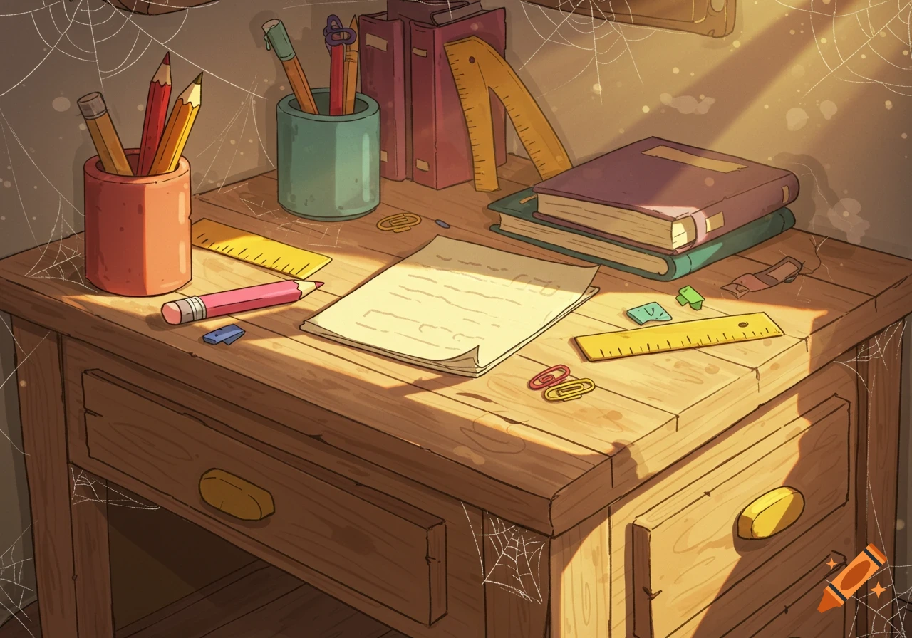 Cartoon wooden desk covered in cobwebs, with pencils, books, rulers, and paper in sunlit rays.