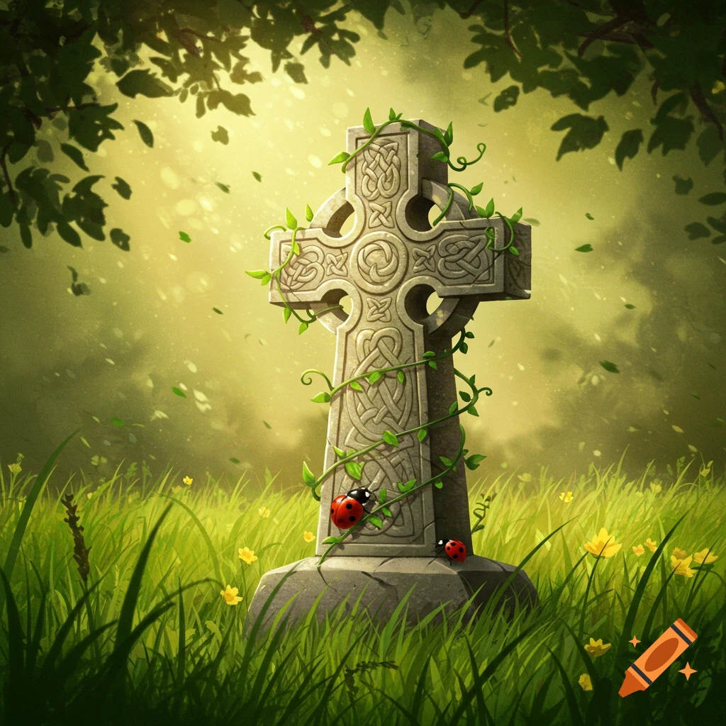 A Celtic cross entwined with green vines stands in a grassy field with yellow flowers and two ladybugs, under a bright, misty sky.