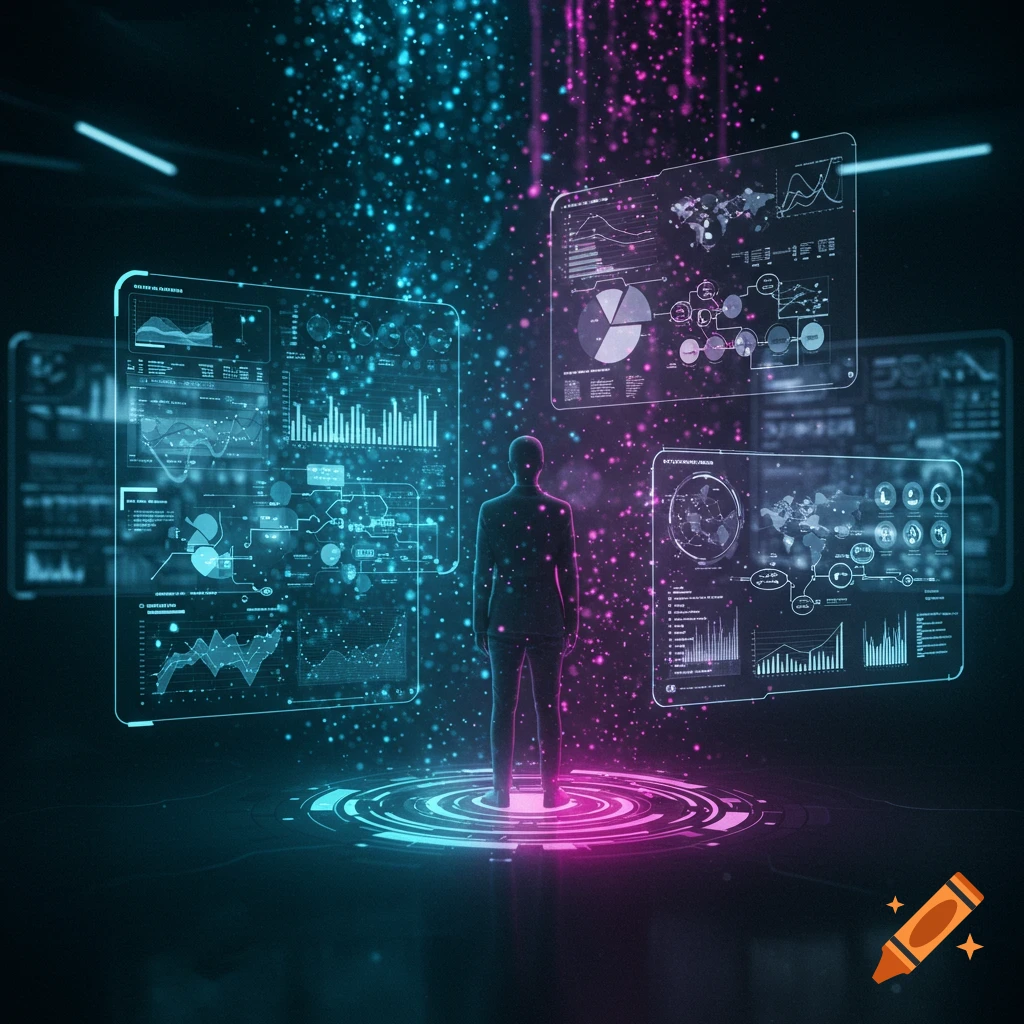 A person stands in a dark, futuristic room surrounded by glowing blue and pink holographic data screens displaying charts and graphs.
