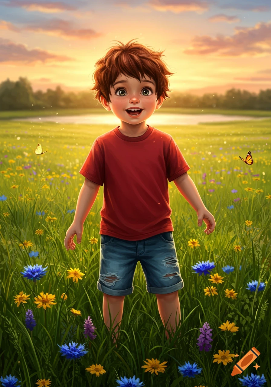 A cute cartoon boy stands smiling in a vibrant green field filled with colorful flowers under a warm sunset sky.