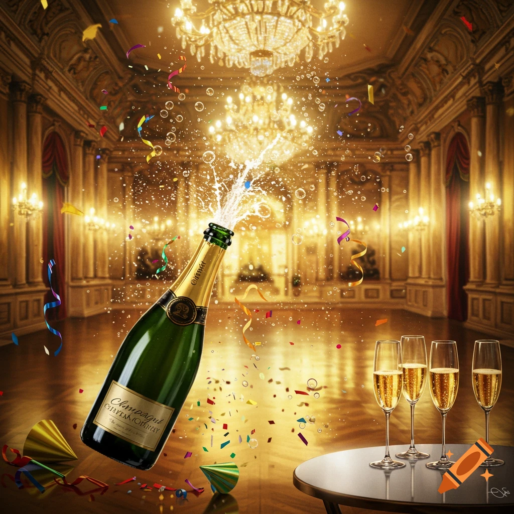 Champagne bottle popping with confetti and bubbles in a grand, ornate ballroom with champagne flutes.