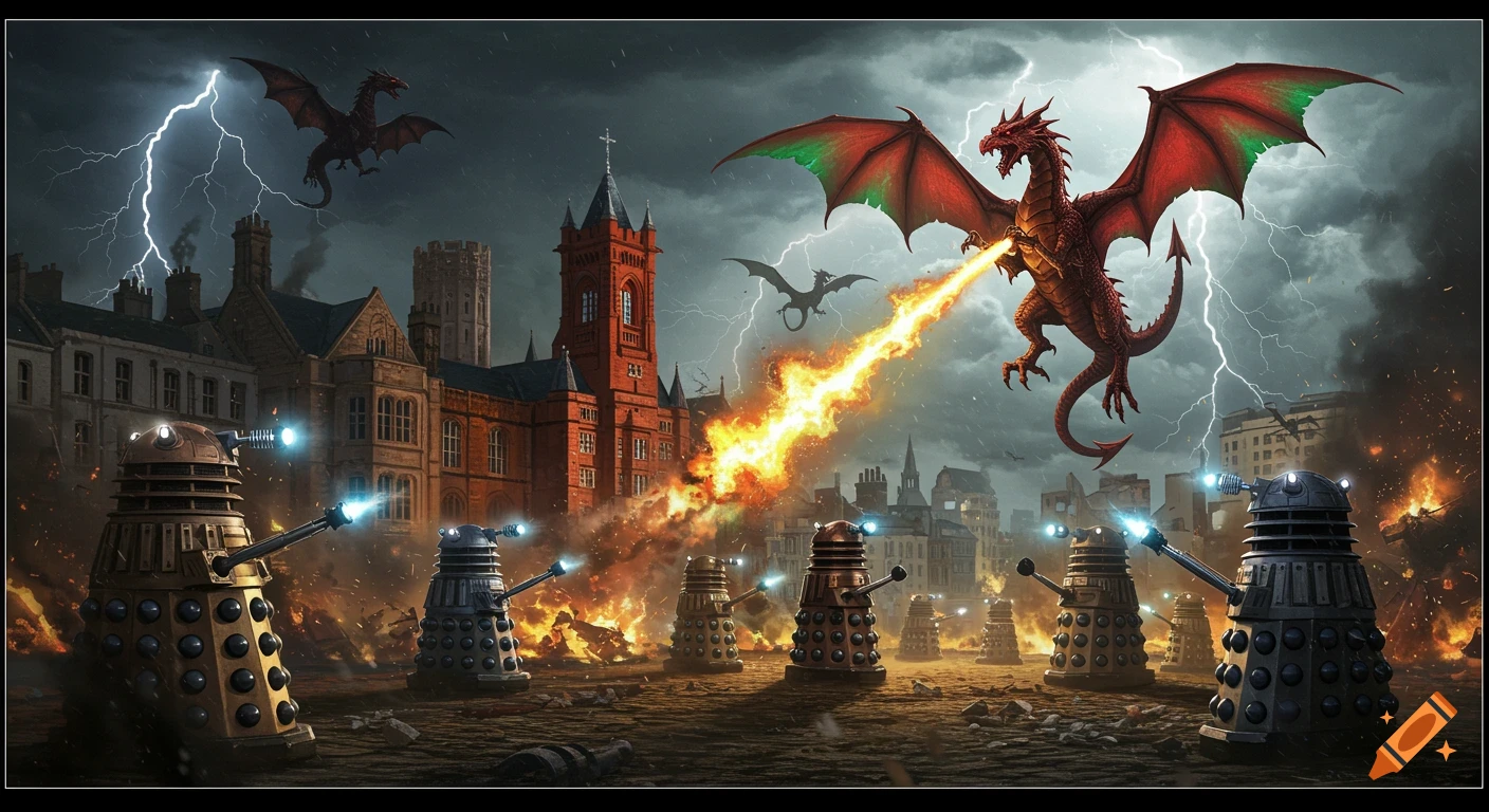 Daleks battle fire-breathing dragons in a devastated city under a lightning-filled sky.