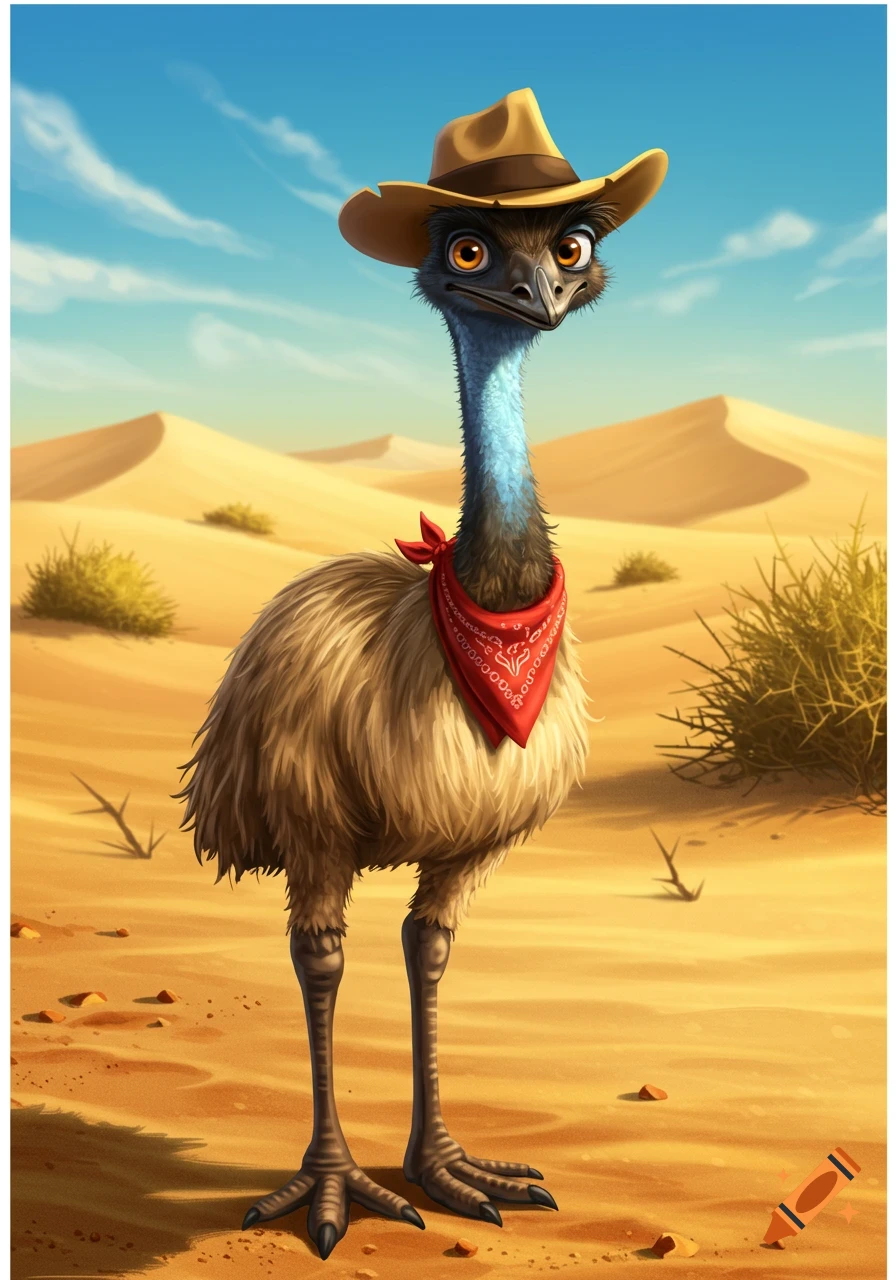 A cartoon emu wearing a cowboy hat and red bandana smirks while standing in a sunny desert with sand dunes.