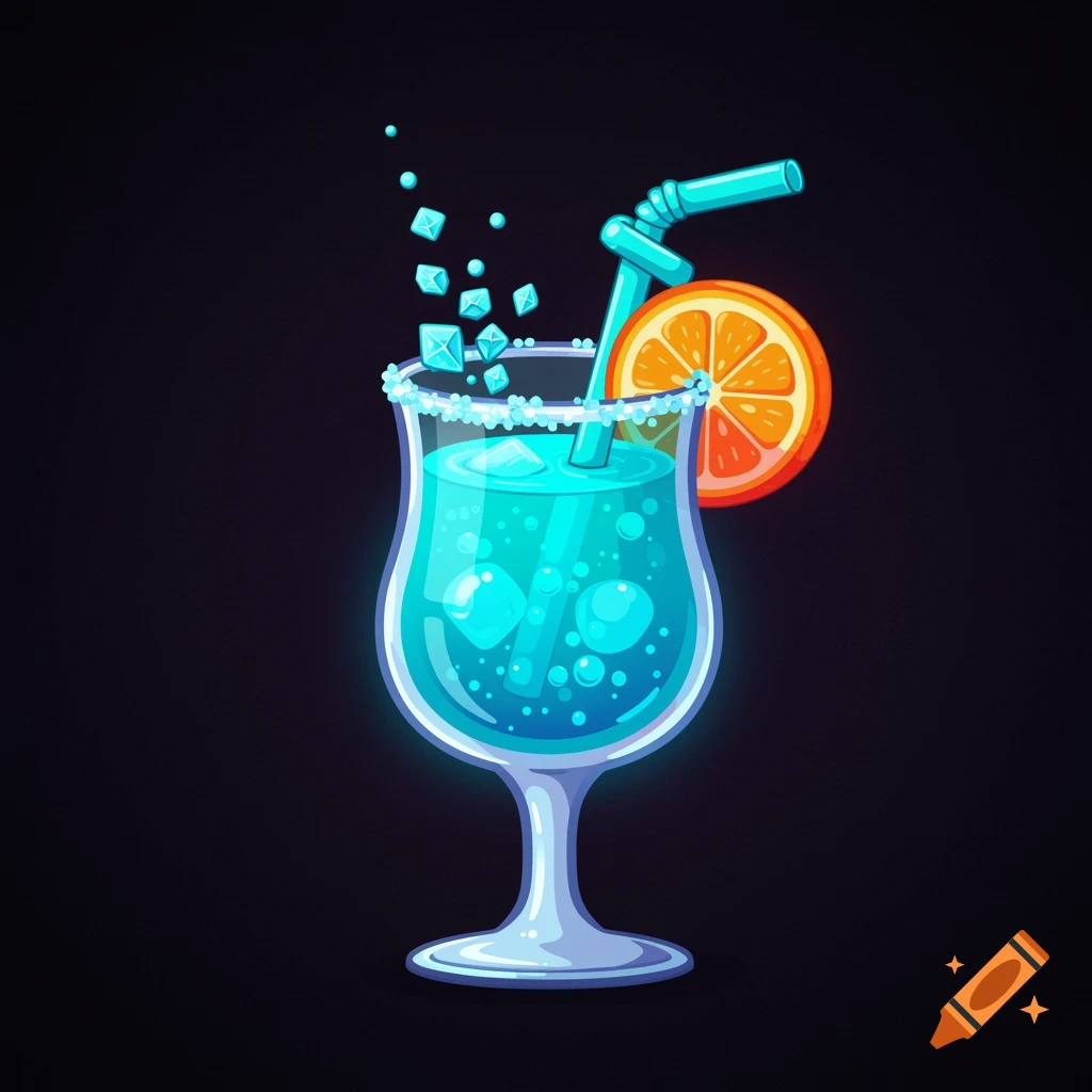 A vibrant blue cocktail with ice cubes and an orange slice in a clear glass, with a straw, against a dark background, in a clean, stylized icon art style.