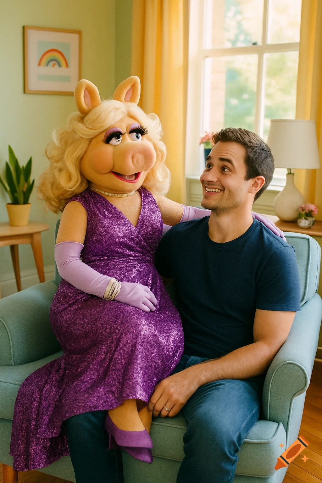 Photorealistic image of Miss Piggy sitting on a young man's lap on a blue couch in a bright room.