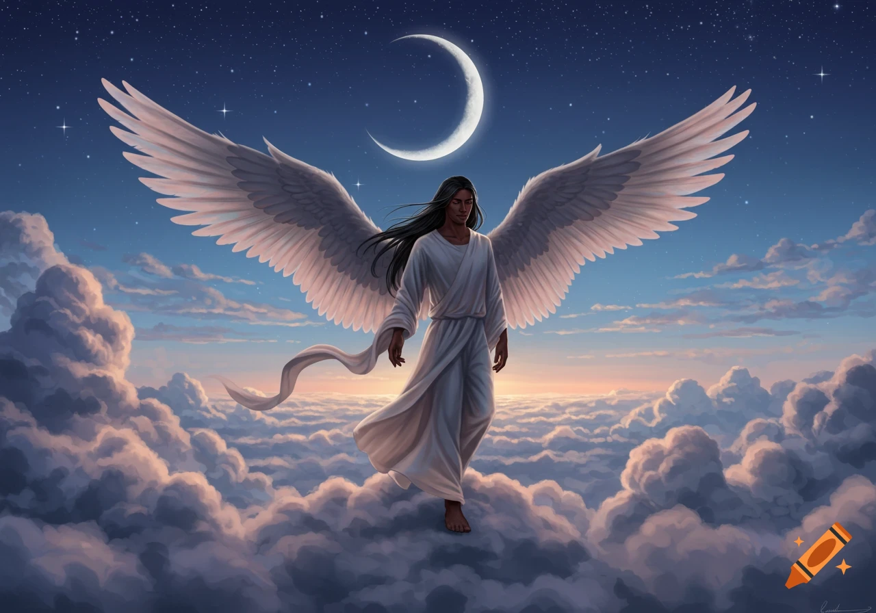 A winged figure with long black hair, wearing a white robe, walks barefoot on clouds under a starry night sky with a crescent moon.
