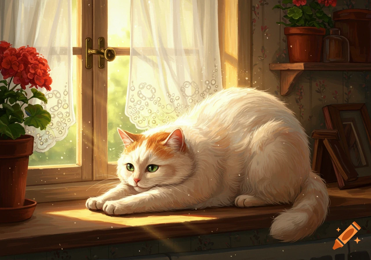 A fluffy orange and white cat stretches on a sunlit wooden windowsill next to red geraniums, looking relaxed.