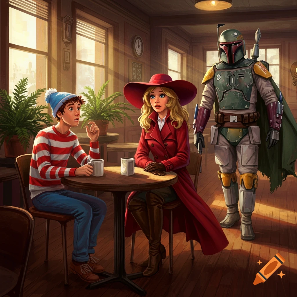 Waldo and Carmen Sandiego sit at a coffee shop table, looking surprised as Boba Fett walks into the room. The illustration has warm, sunny lighting.