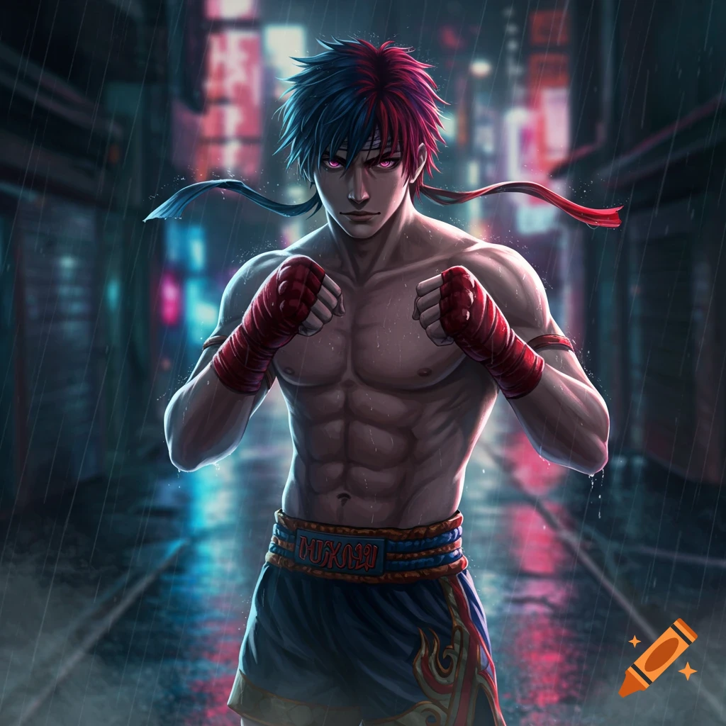 An anime-style Muay Thai fighter with red and blue hair, hand wraps, and shorts, stands in a dark, rainy alley with neon lights.