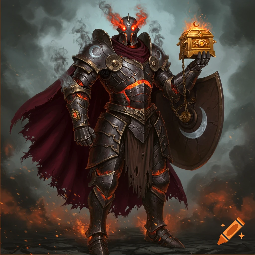 An imposing warforged construct in dark, smoldering full plate armor with glowing red eyes, holding a golden reliquary and a shield with a crescent moon.