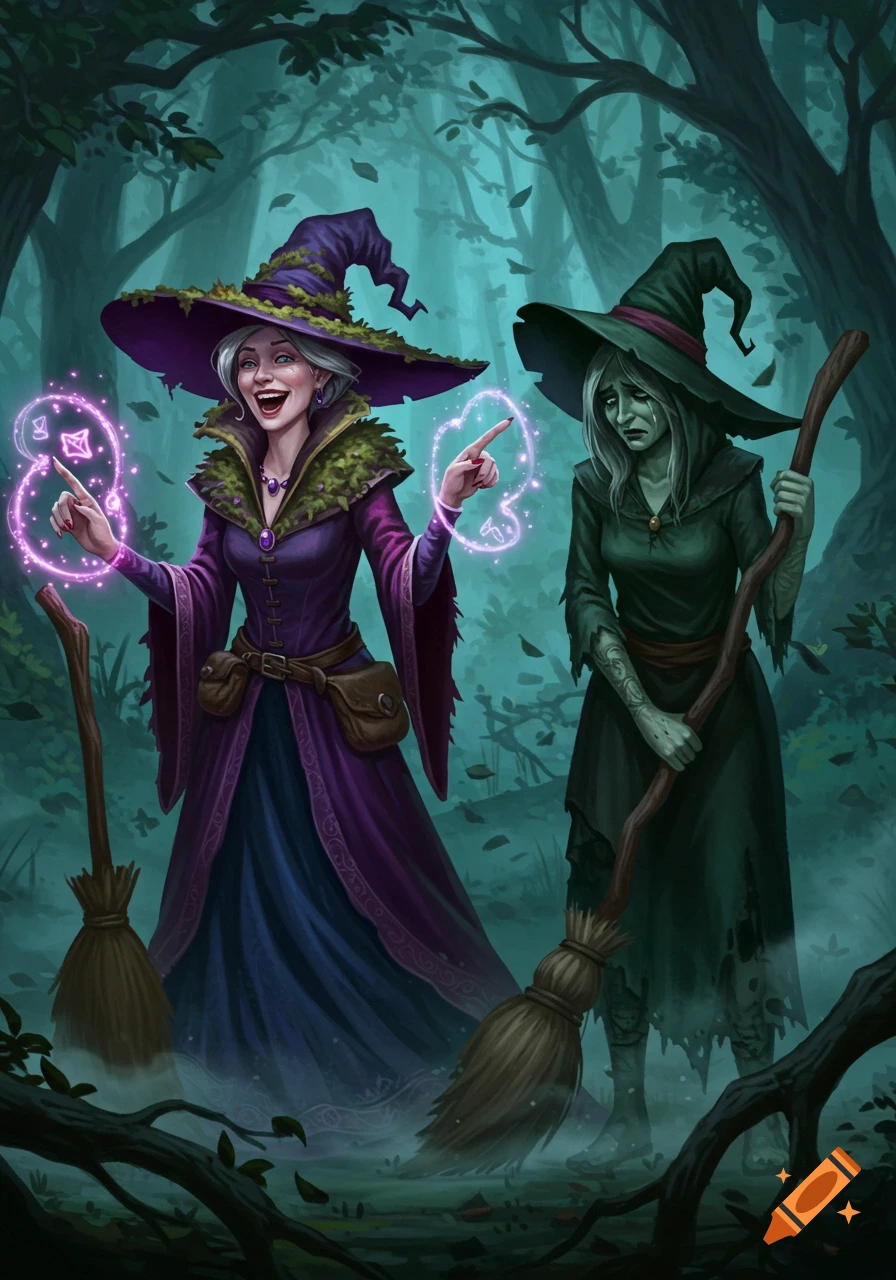 A happy witch with glowing magic laughs at a sad witch holding a broom in a dark forest illustration.