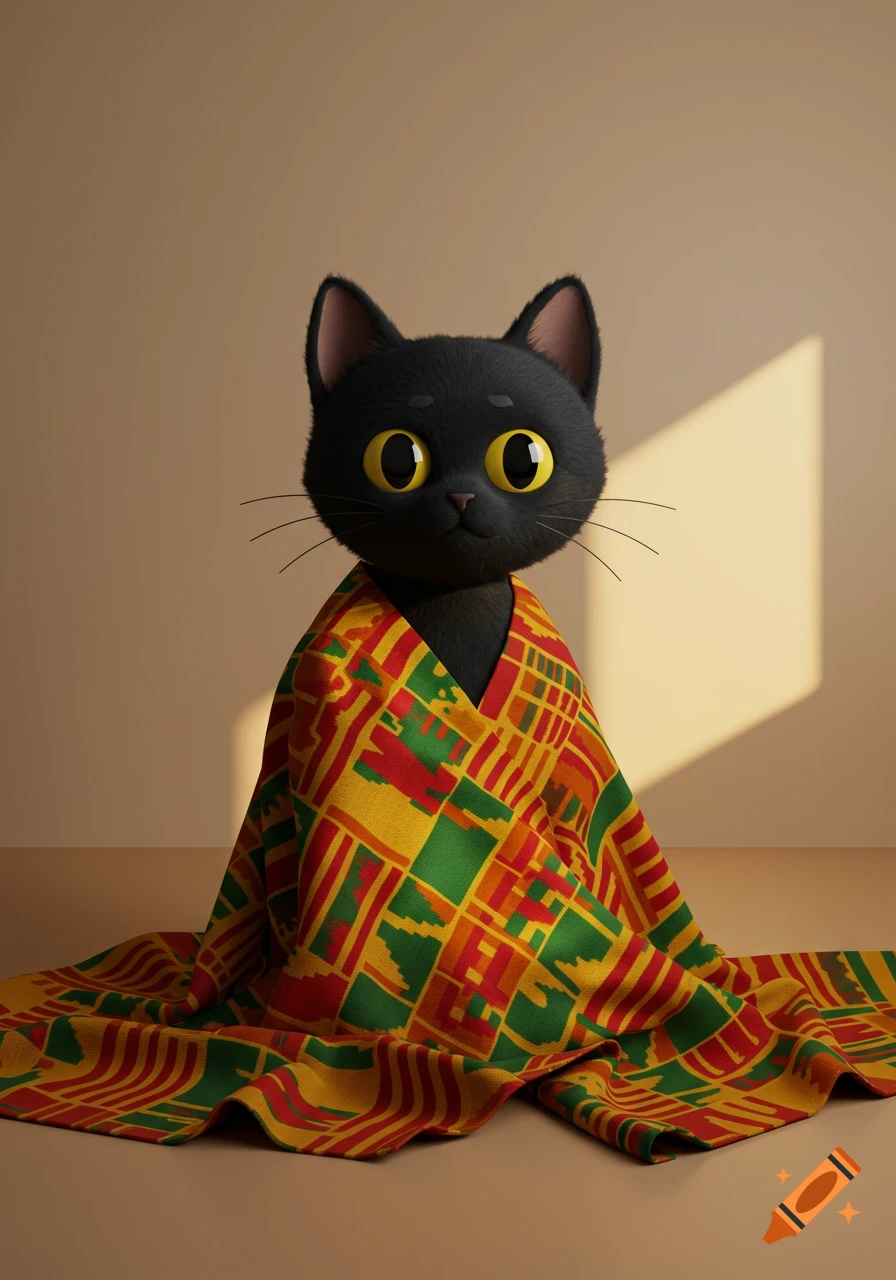 A cute, stylized black cat with large yellow eyes wrapped in a colorful Kente cloth blanket.