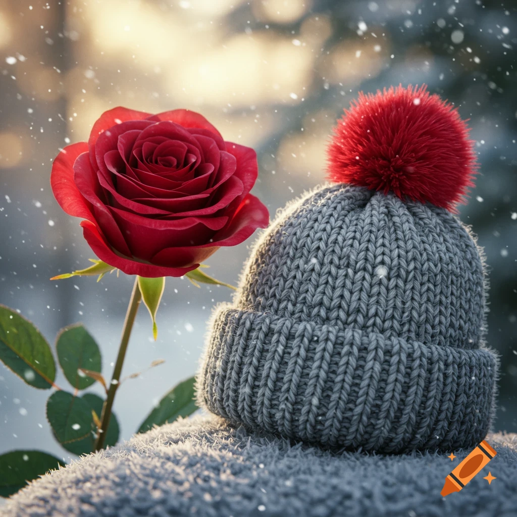 A vibrant red rose stands next to a gray knitted hat with a red pom-pom, with snow falling around them.