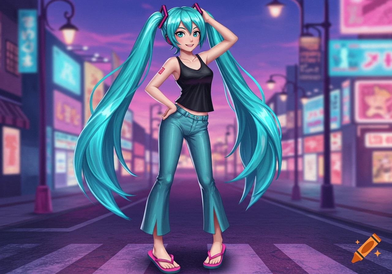 An anime character, Hatsune Miku, with long turquoise pigtails, stands smiling on a city street at dusk, wearing a black tank top, cropped flare jeans, and pink flip-flops.