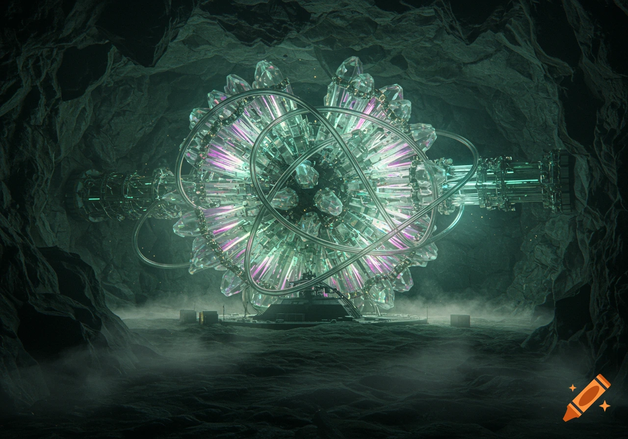 A large, glowing, intricate structure made of clear crystalline shards and metal rings sits in a dark, misty cave, illuminated by its own light.