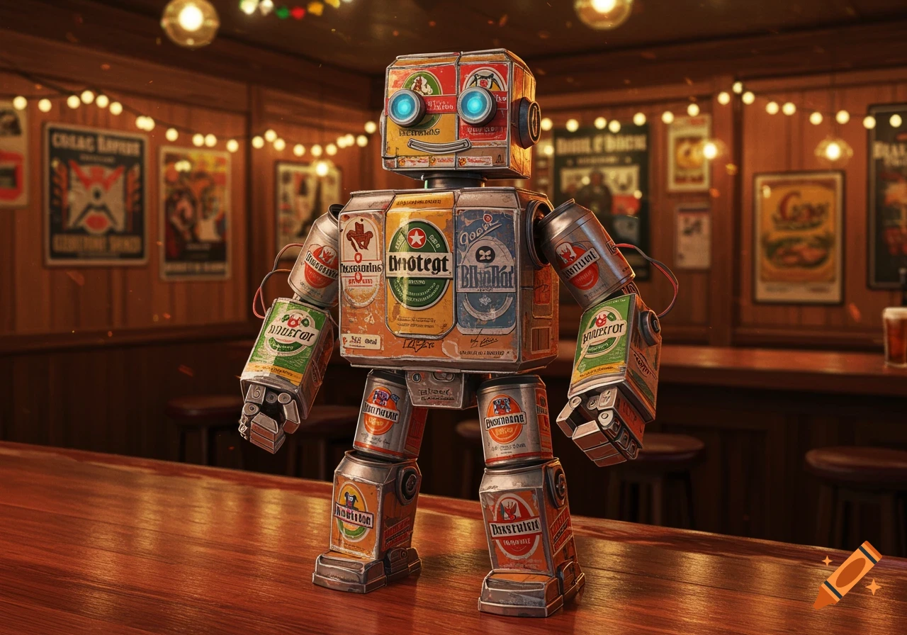 A photorealistic robot made of recycled beer cans stands on a wooden bar counter in a dimly lit pub.