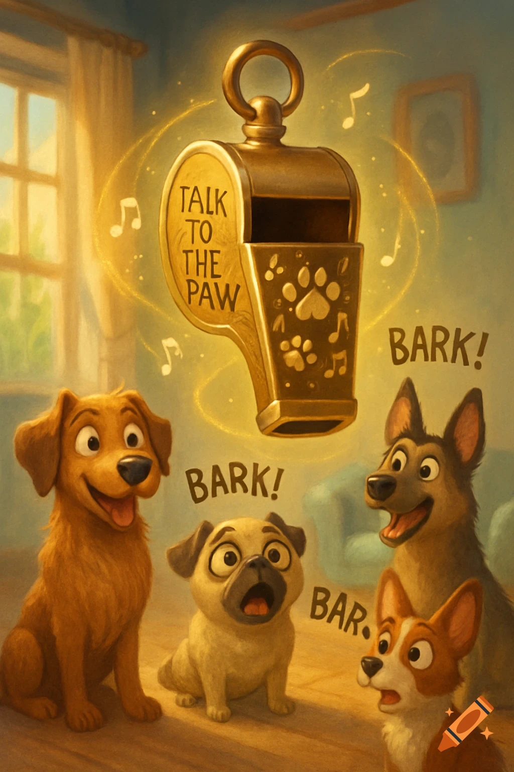 A golden whistle labeled 'TALK TO THE PAW' floats above four cartoon dogs in a cozy room, with 'BARK!' and 'BAR' text bubbles.