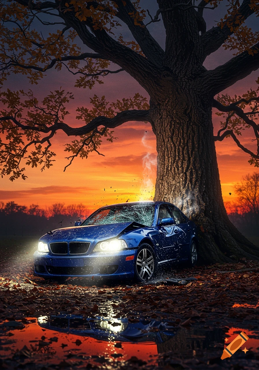 A blue car with a shattered windshield is crashed into a large tree at sunset, surrounded by fallen leaves.