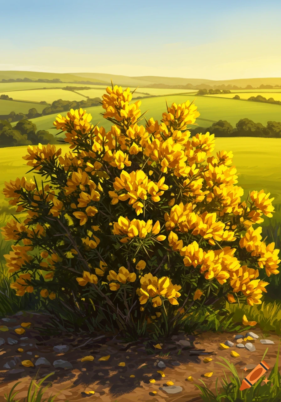 A vibrant yellow gorse bush stands prominently in a lush green field under a clear sky, with scattered petals on the ground.