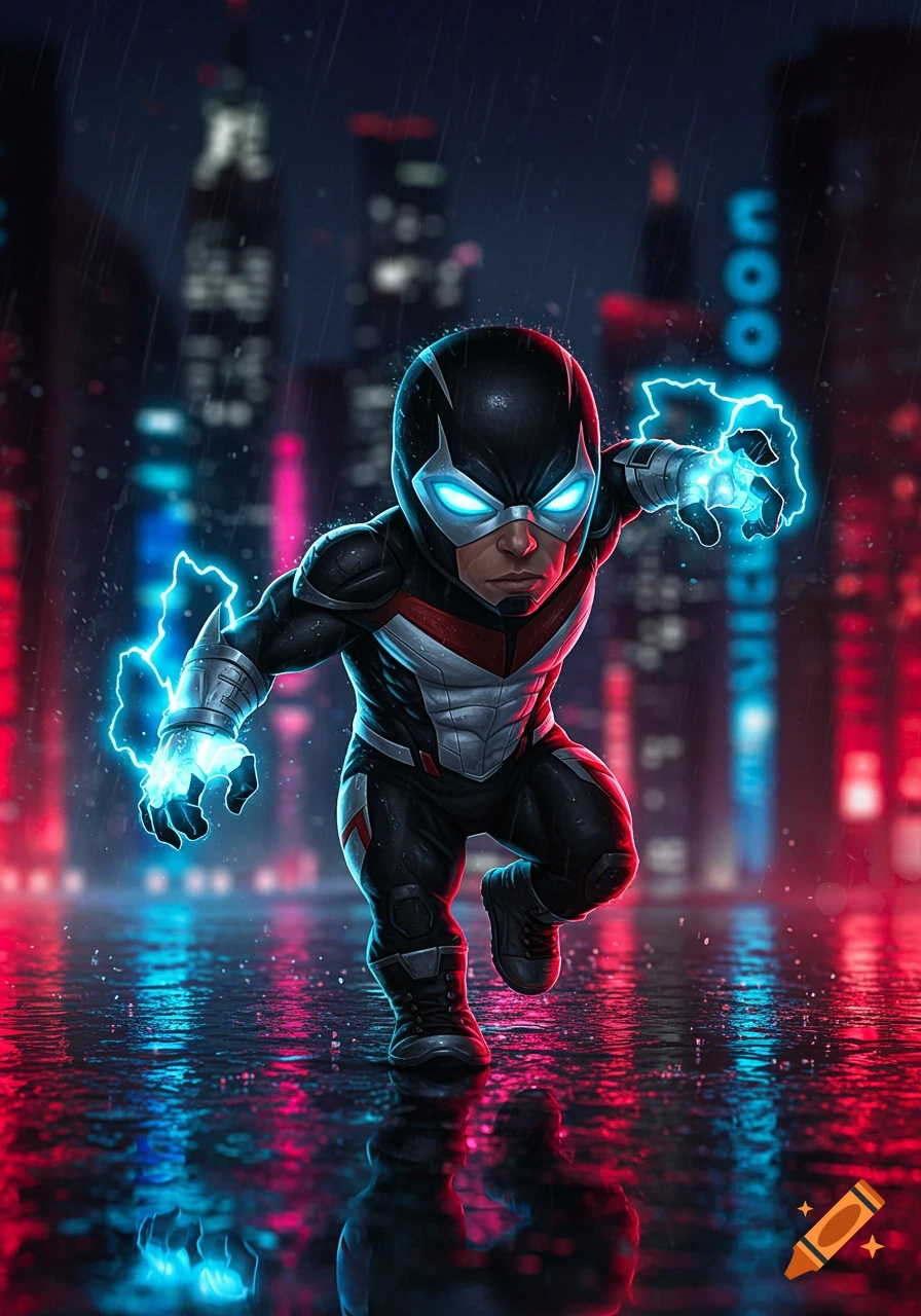 A small statured vigilante in a black, white, and red suit with glowing blue bio-electricity strikes a heroic pose on a wet city street at night.